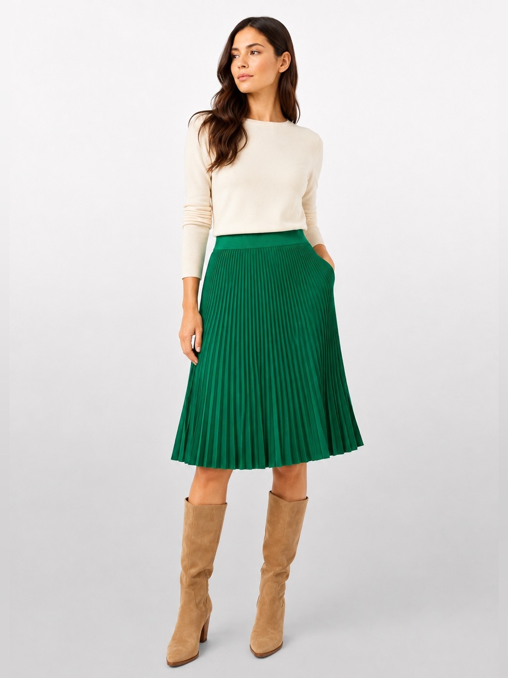 Ann Taylor Petite Green Sweater Knit Pleated Midi Skirt SP